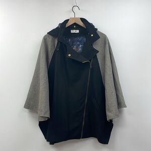 Upstate Colorblock Asymmetrical Zipper Oversized Poncho Jacket Coat Black Medium